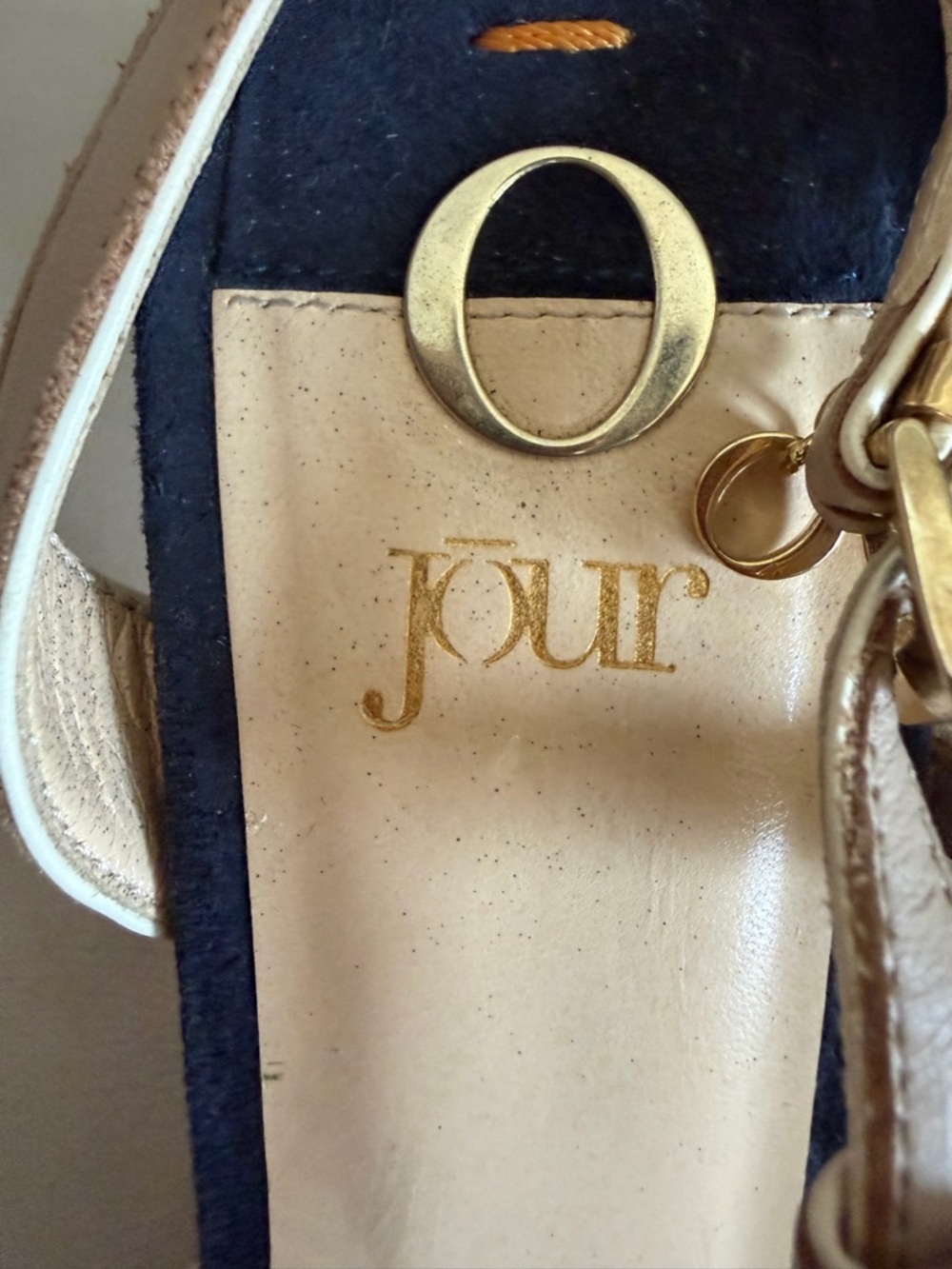 O Jour Vtg Bow-Accent Beige Slingback Heels Navy Stripes Open Toe Shoes Y2K 8 - Picture 10 of 13
